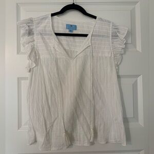 CeCe White V-Neck Ruffle Sleeve Peasant Blouse